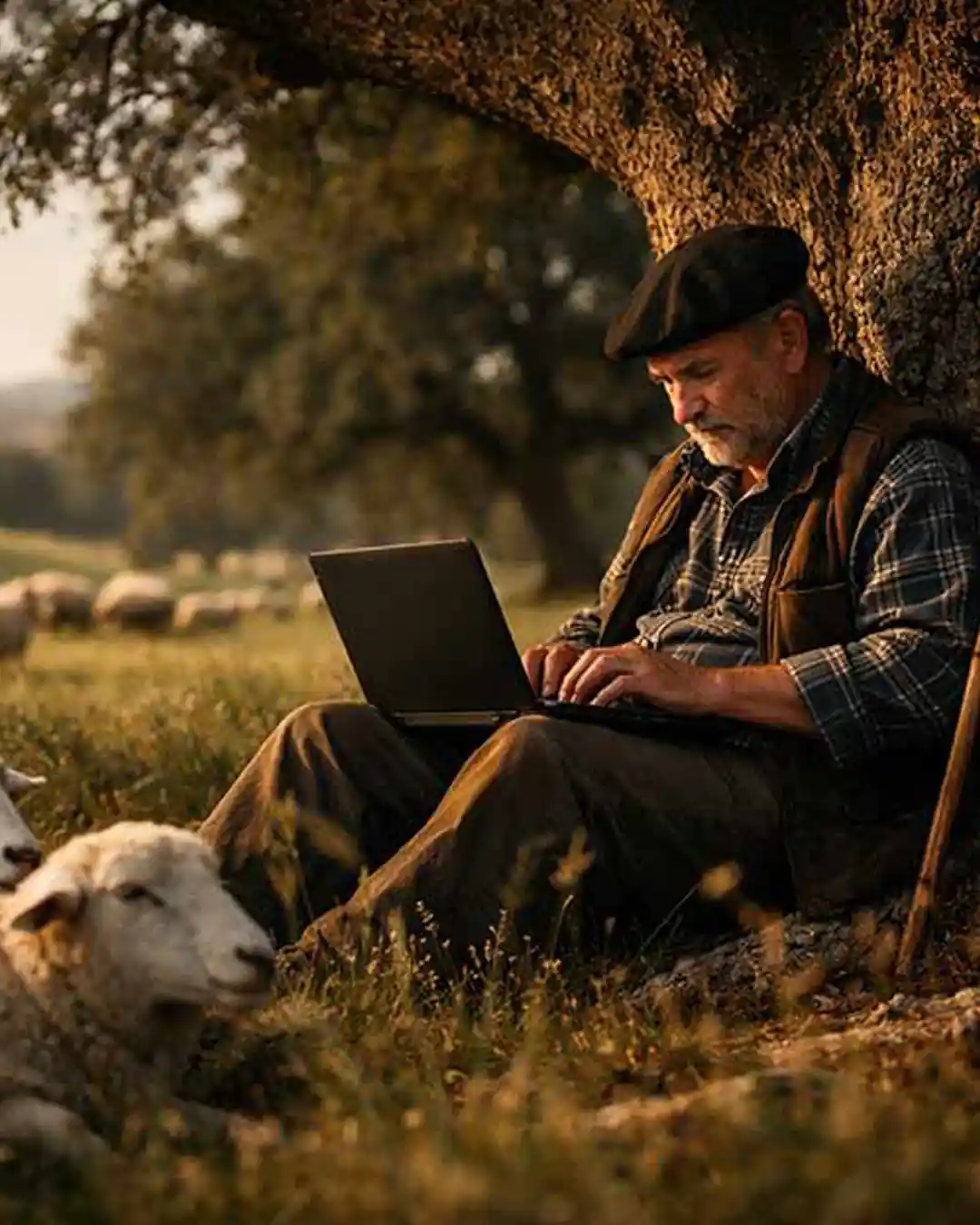 Envie uma mensagem para o Gentes da Terra Pastor sentado encostado a um carvalho enquanto envia uma mensagem no seu computador portátil, num ambiente rural e cercado por ovelhas.