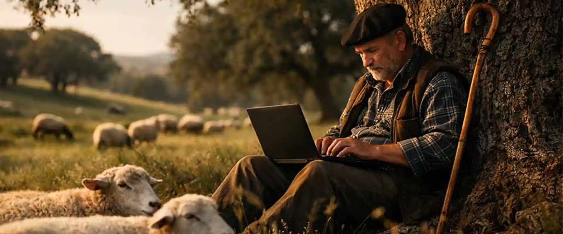 Envie uma mensagem para o Gentes da Terra Pastor sentado encostado a um carvalho enquanto envia uma mensagem no seu computador portátil, num ambiente rural e cercado por ovelhas.