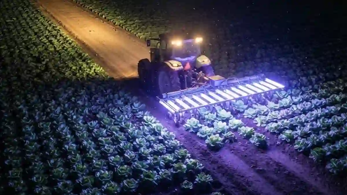Trator equipado com painéis de luz UV-C a percorrer uma plantação à noite